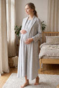 Lace Collar 2-Piece Maternity Feeding-Friendly Nightgown & Patterned Robe Set Grey - Z2338