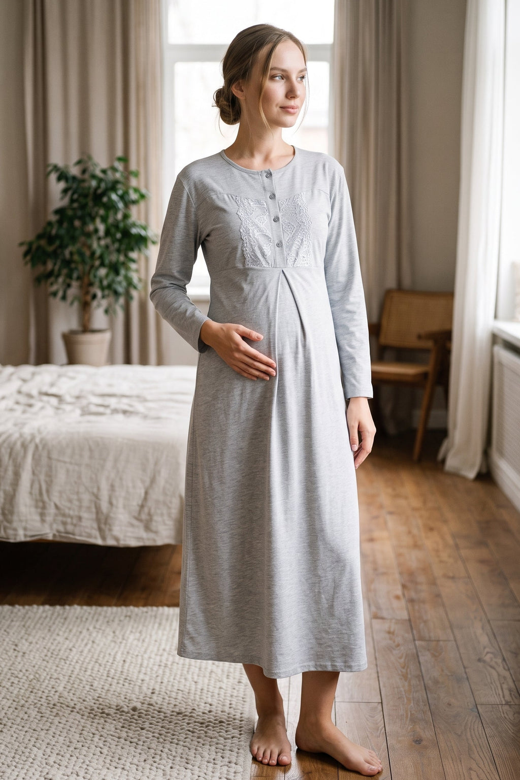 Lace Collar 2-Piece Maternity Feeding-Friendly Nightgown & Patterned Robe Set Grey - Z2338