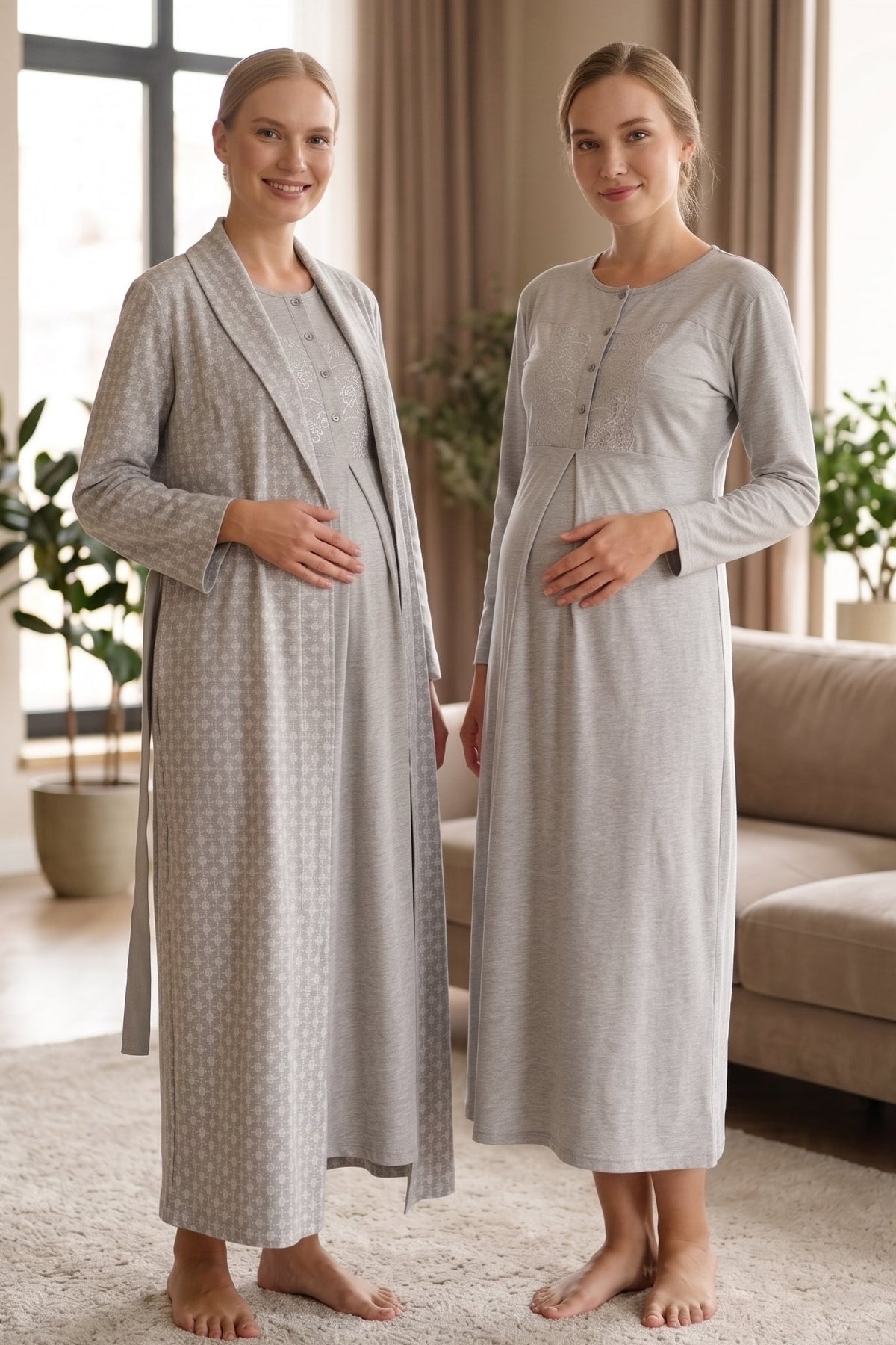 Lace Collar 2-Piece Maternity Feeding-Friendly Nightgown & Patterned Robe Set Grey - Z2338