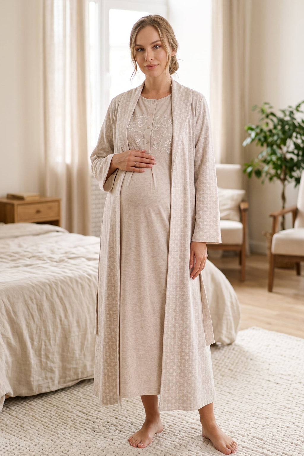 Lace Collar 2-Piece Maternity Feeding-Friendly Nightgown & Patterned Robe Set Mink - Z2338