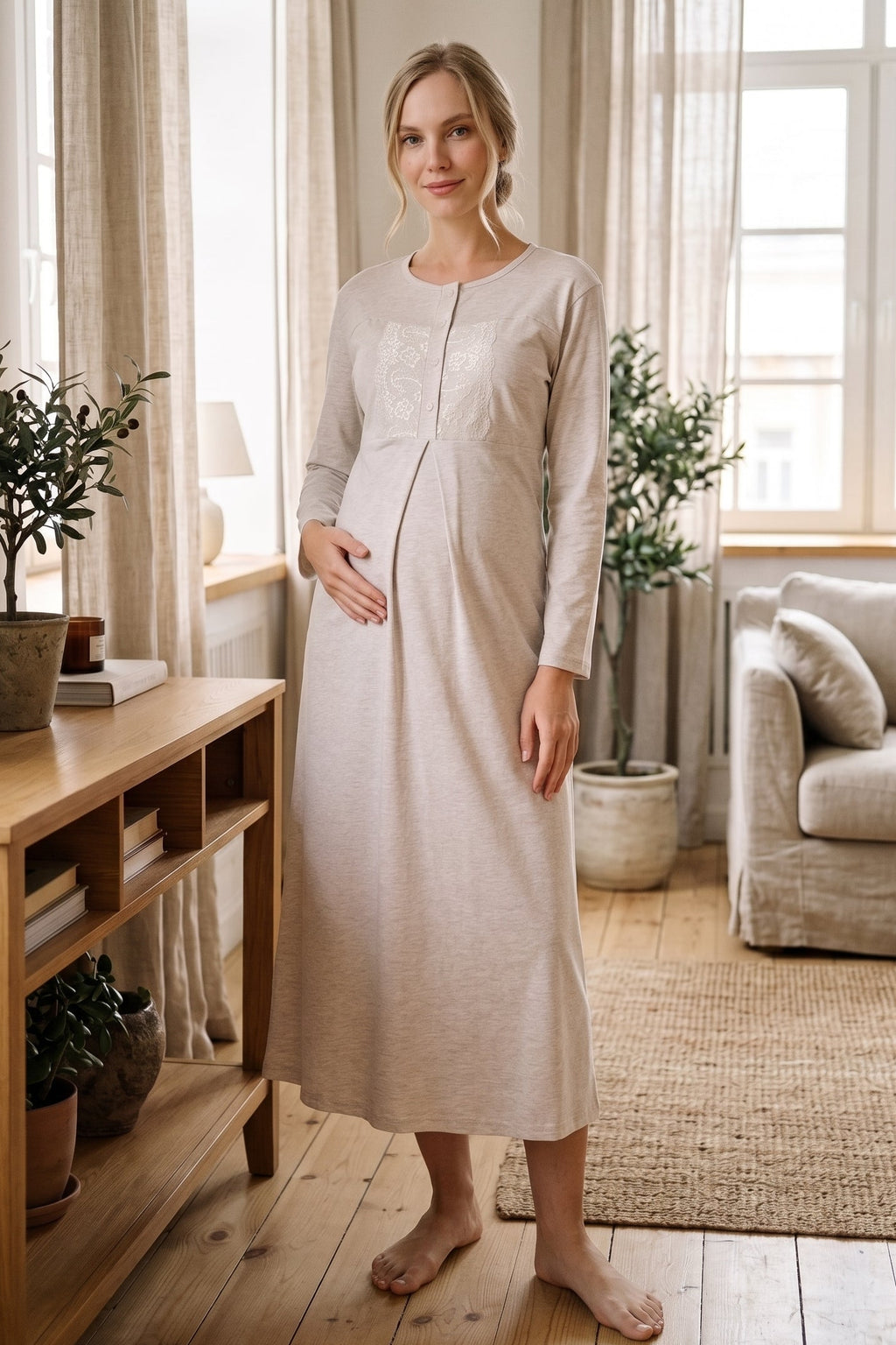 Lace Collar 2-Piece Maternity Feeding-Friendly Nightgown & Patterned Robe Set Mink - Z2338