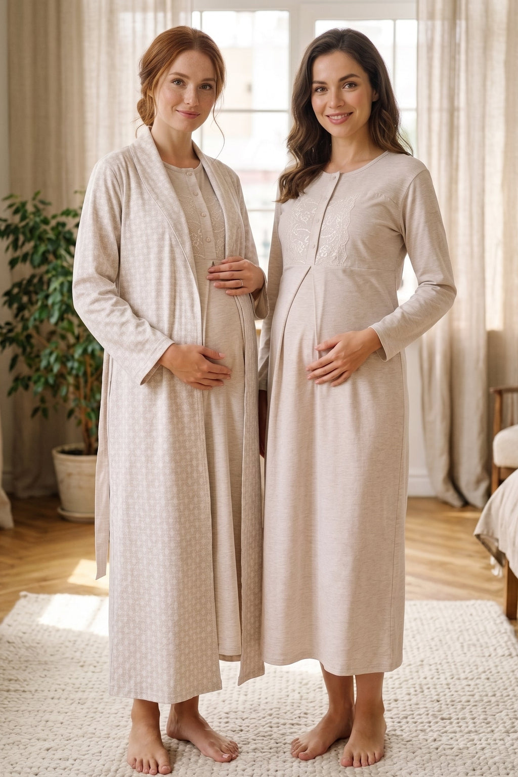 Lace Collar 2-Piece Maternity Feeding-Friendly Nightgown & Patterned Robe Set Mink - Z2338