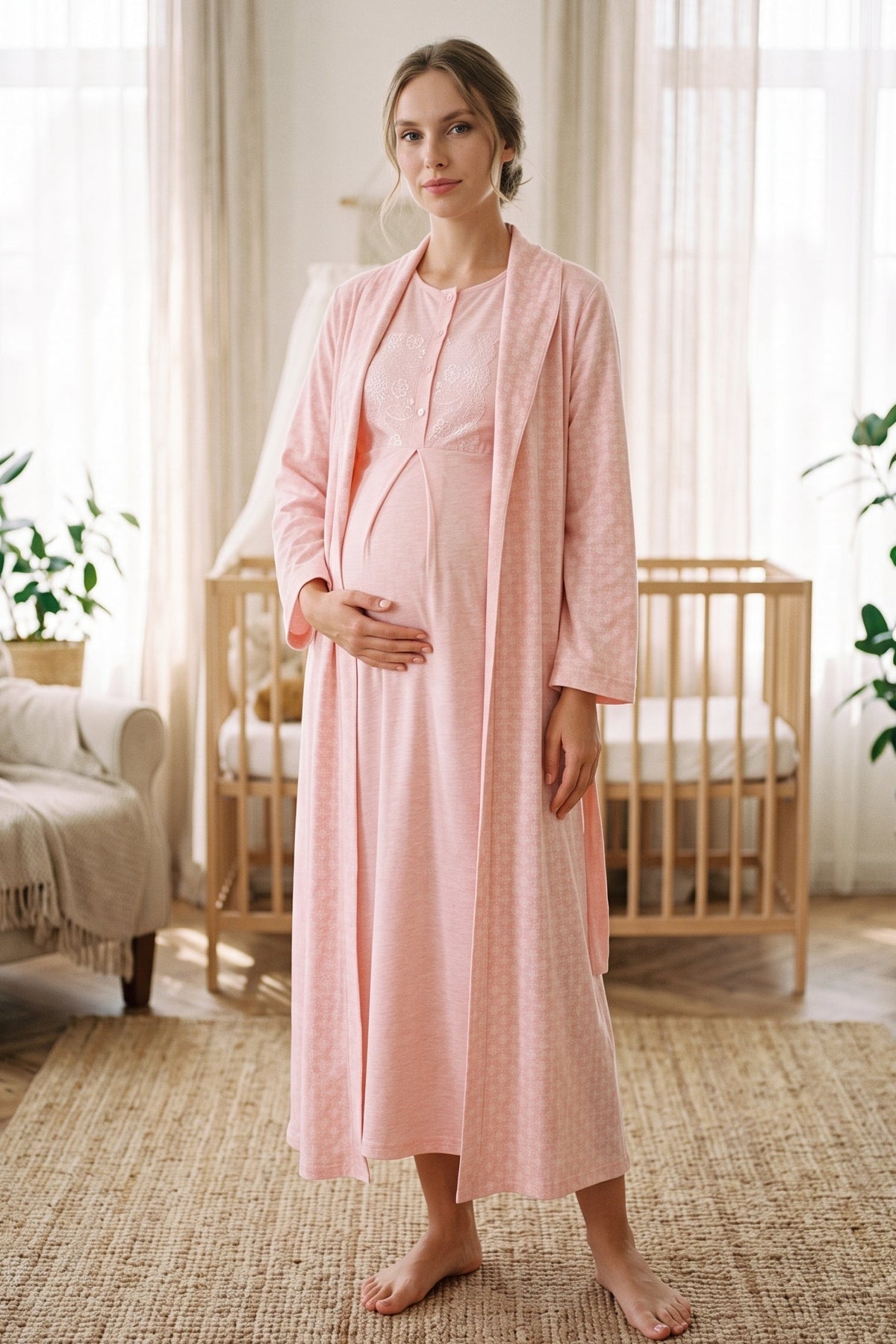 Lace Collar 2-Piece Maternity Feeding-Friendly Nightgown & Patterned Robe Set Salmon - Z2338