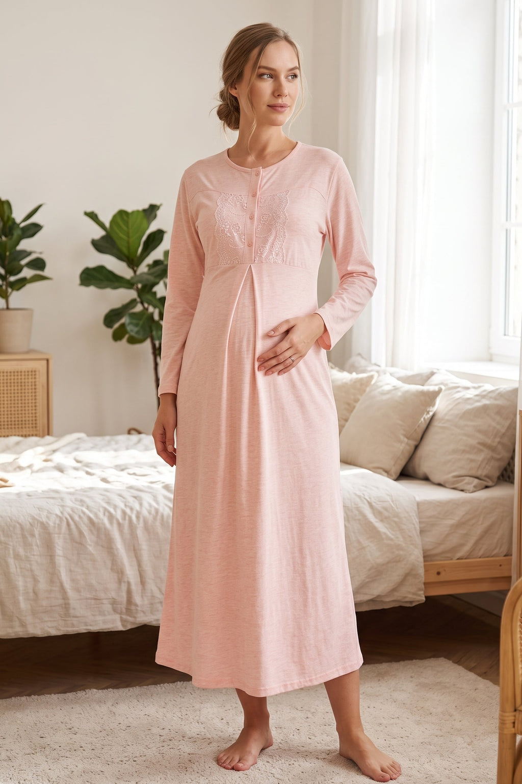 Lace Collar 2-Piece Maternity Feeding-Friendly Nightgown & Patterned Robe Set Salmon - Z2338