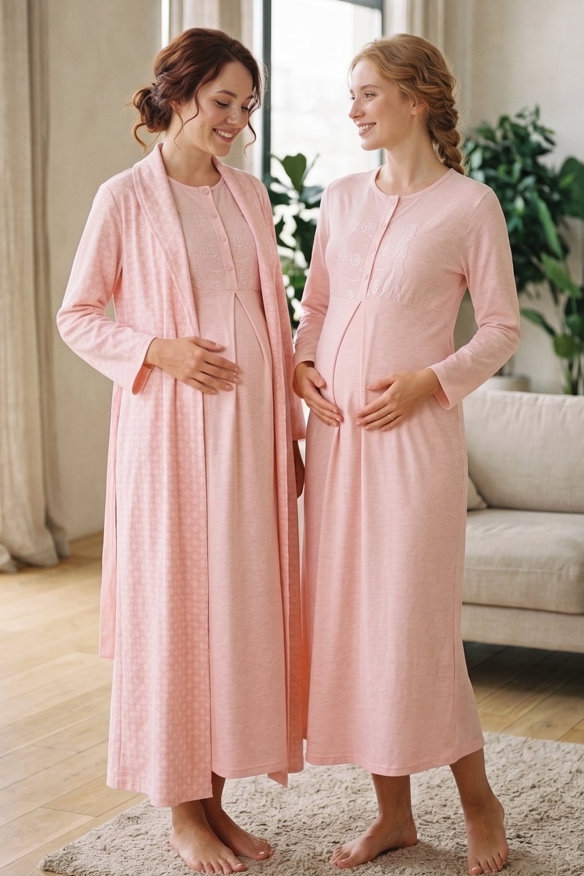 Lace Collar 2-Piece Maternity Feeding-Friendly Nightgown & Patterned Robe Set Salmon - Z2338