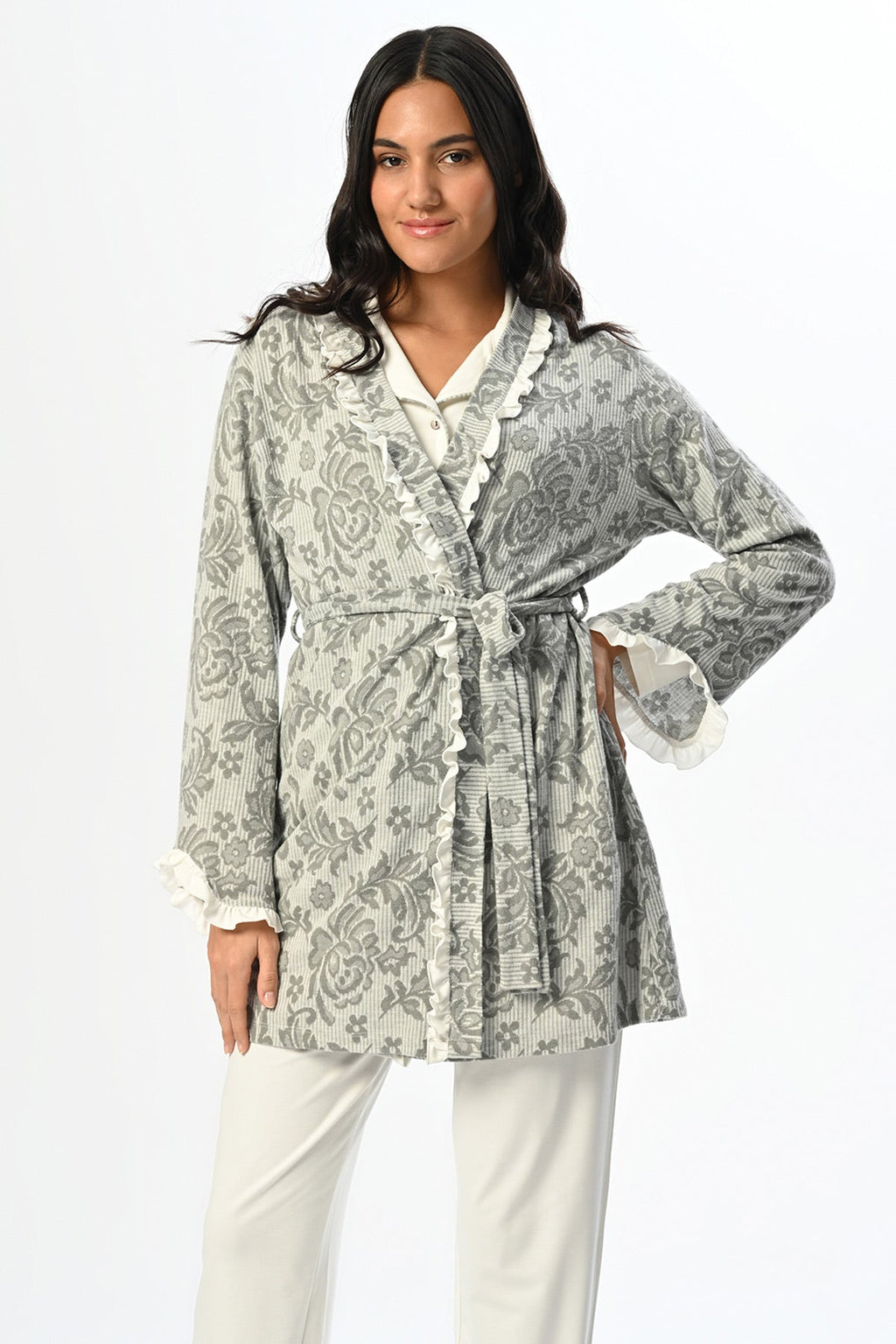 Flowery Lace 3-Piece Maternity Feeding-Friendly Pajama & Jacquard Robe Set - N23392