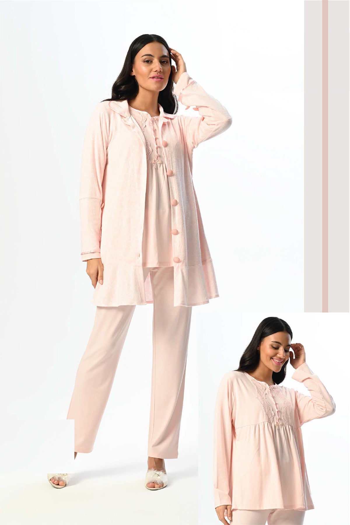Lace Edge 3-Piece Maternity Feeding-Friendly Pajama & Jacquard Robe Set - N23396
