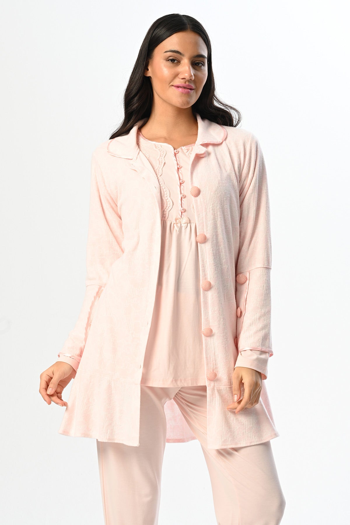 Lace Edge 3-Piece Maternity Feeding-Friendly Pajama & Jacquard Robe Set - N23396