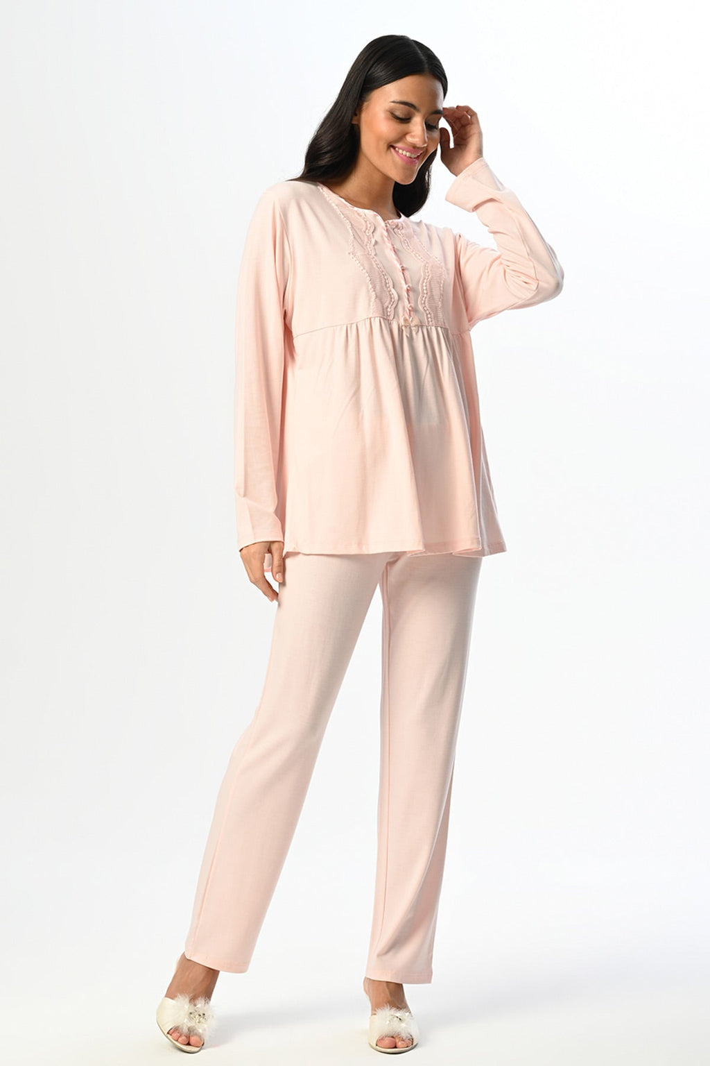 Lace Edge 3-Piece Maternity Feeding-Friendly Pajama & Jacquard Robe Set - N23396