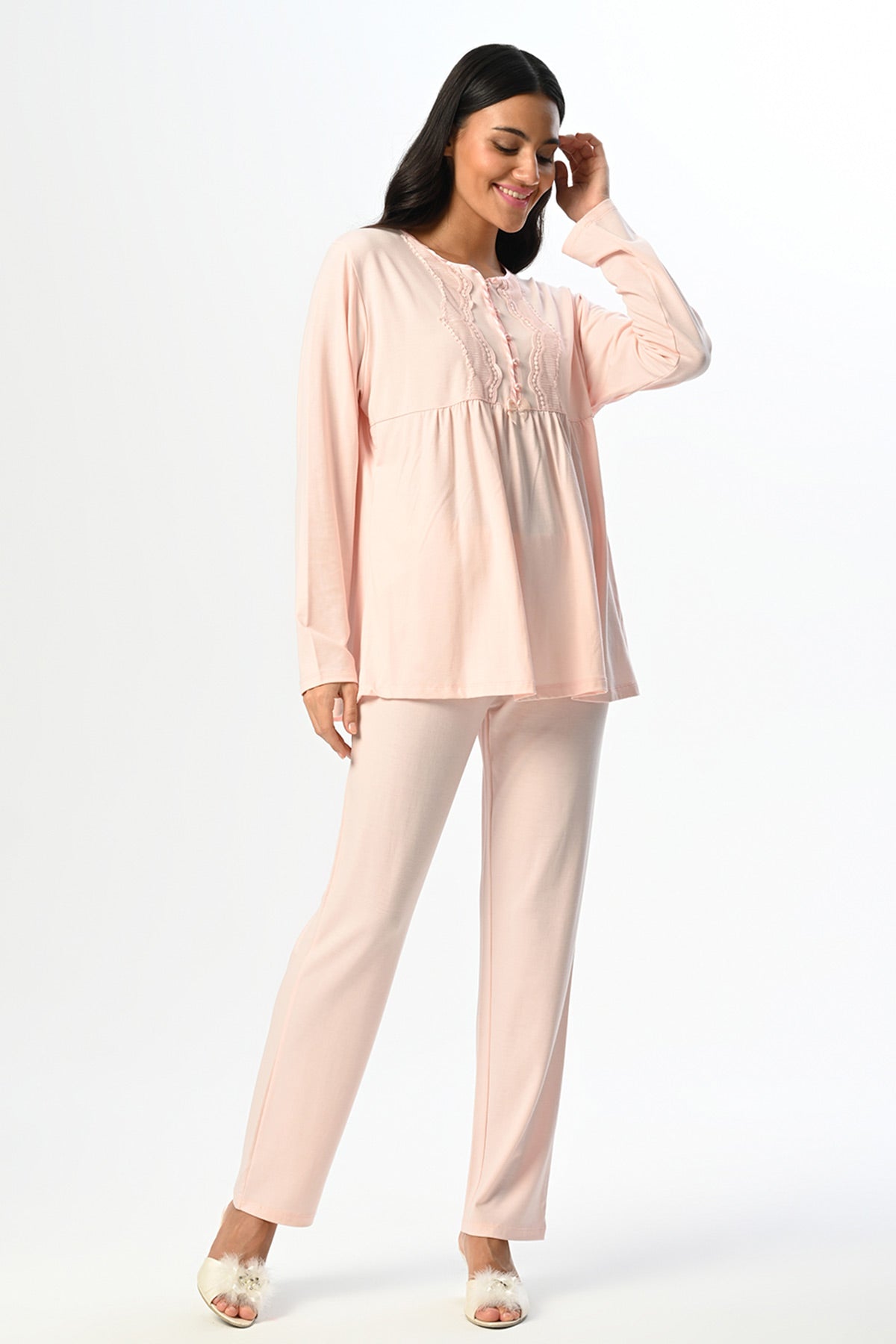 Lace Edge 3-Piece Maternity Feeding-Friendly Pajama & Jacquard Robe Set - N23396
