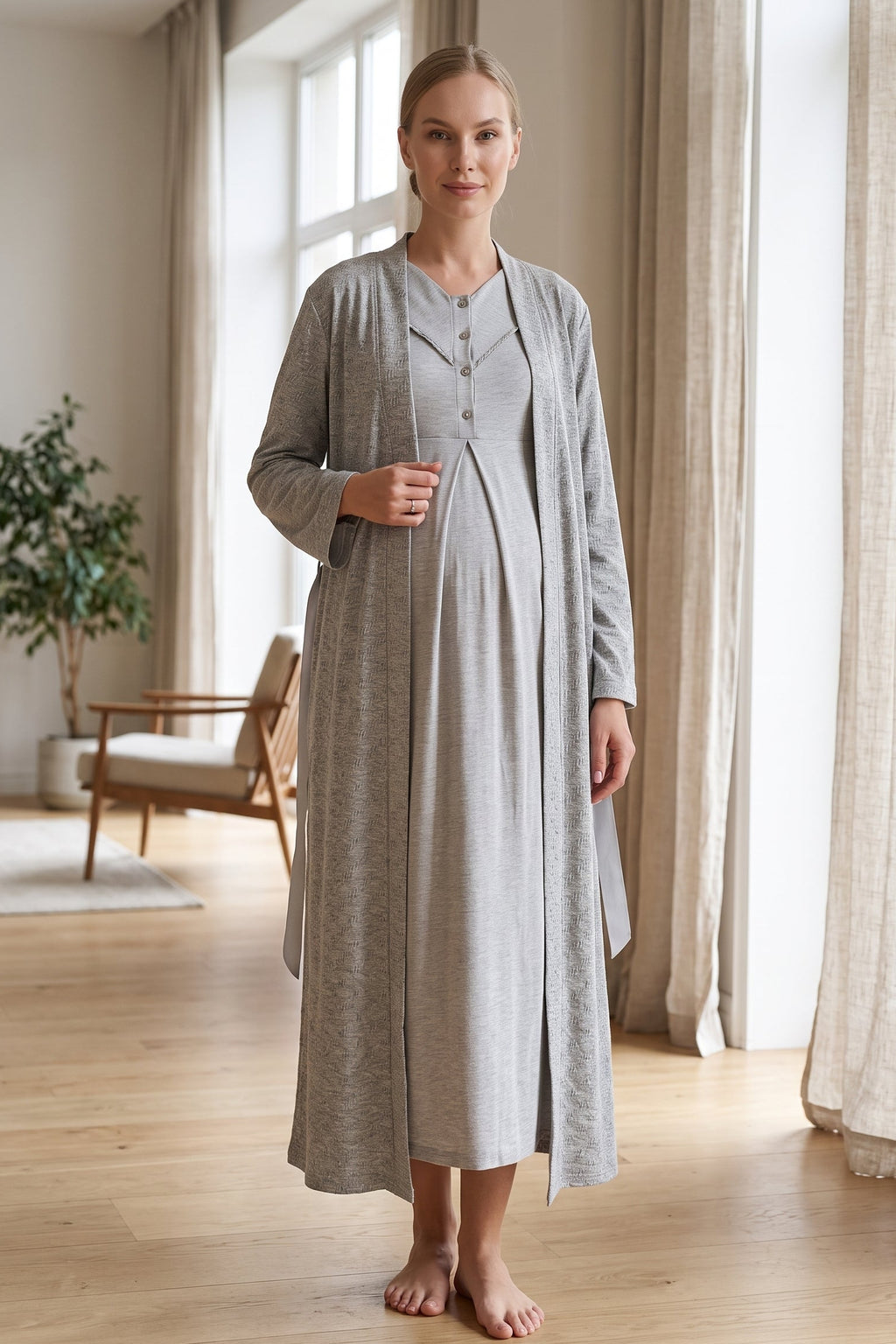 Square Collar 2-Piece Maternity Feeding-Friendly Nightgown & Patterned Robe Set Grey - Z2340