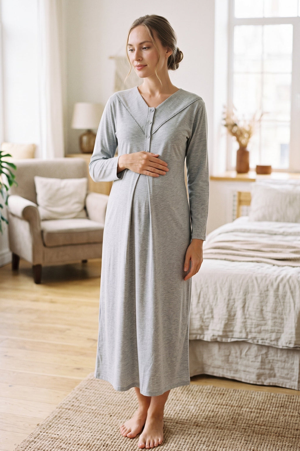 Square Collar 2-Piece Maternity Feeding-Friendly Nightgown & Patterned Robe Set Grey - Z2340