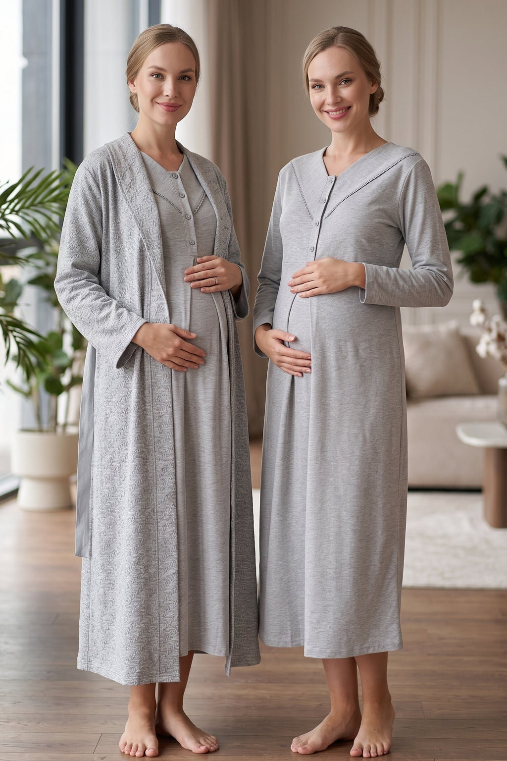 Square Collar 2-Piece Maternity Feeding-Friendly Nightgown & Patterned Robe Set Grey - Z2340
