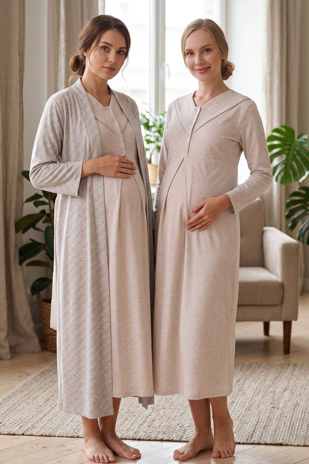 Square Collar 2-Piece Maternity Feeding-Friendly Nightgown & Patterned Robe Set Mink - Z2340