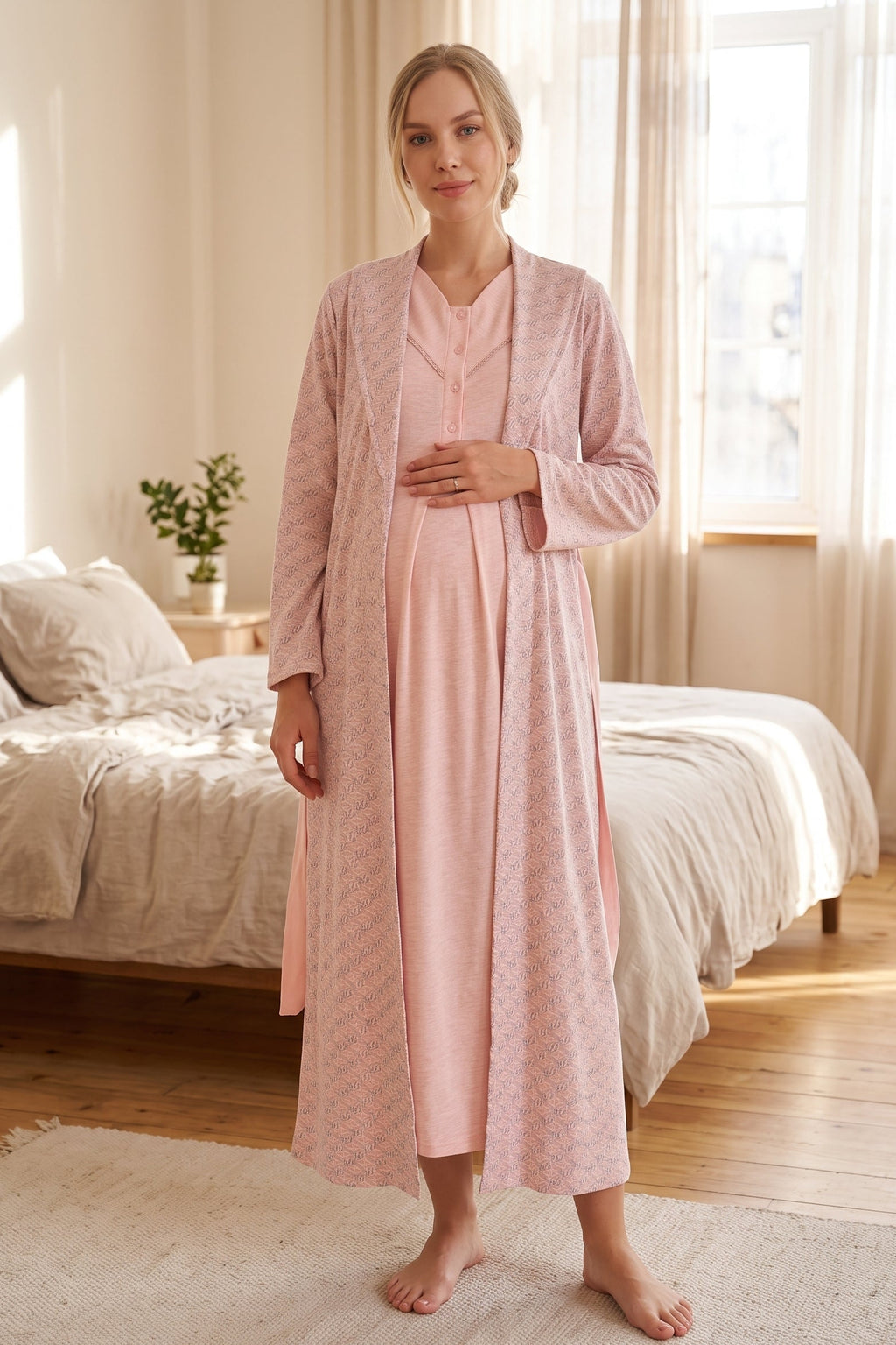 Square Collar 2-Piece Maternity Feeding-Friendly Nightgown & Patterned Robe Set Salmon - Z2340