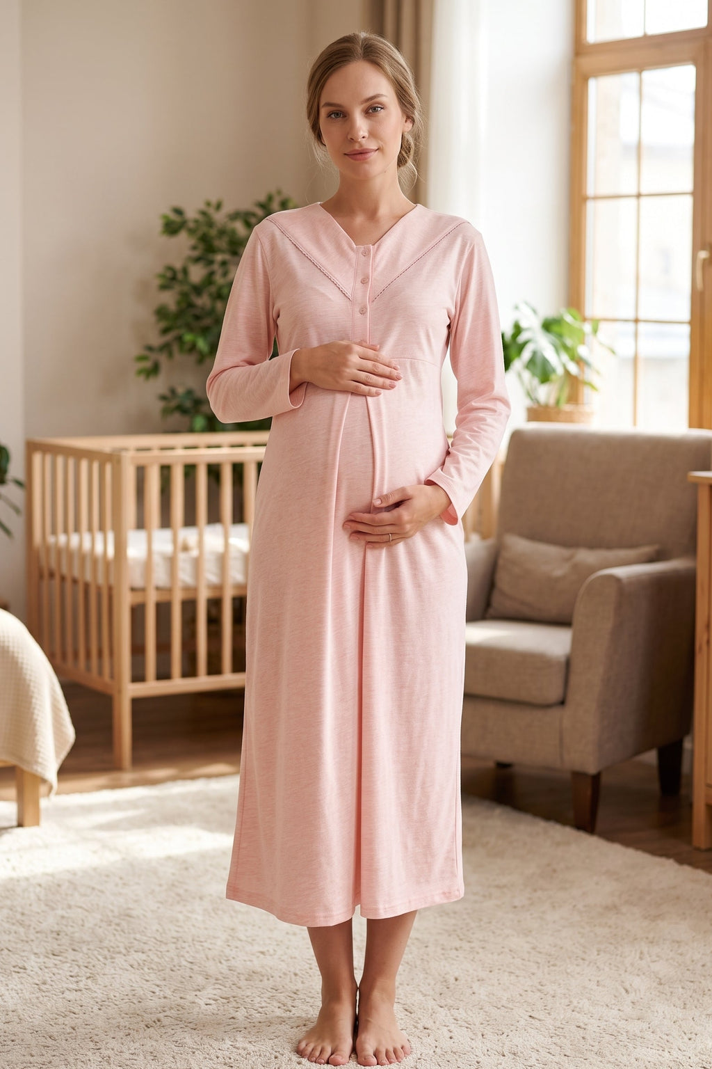Square Collar 2-Piece Maternity Feeding-Friendly Nightgown & Patterned Robe Set Salmon - Z2340
