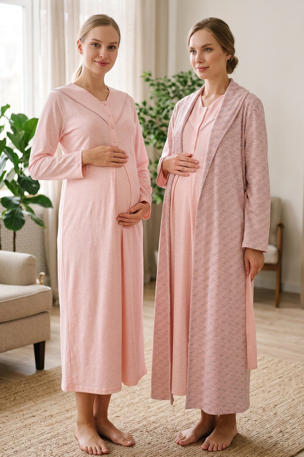 Square Collar 2-Piece Maternity Feeding-Friendly Nightgown & Patterned Robe Set Salmon - Z2340