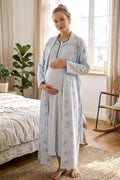 Pleated Collar 2-Piece Maternity Feeding-Friendly Nightgown & Flower Patterned Robe Set Blue - Z2341