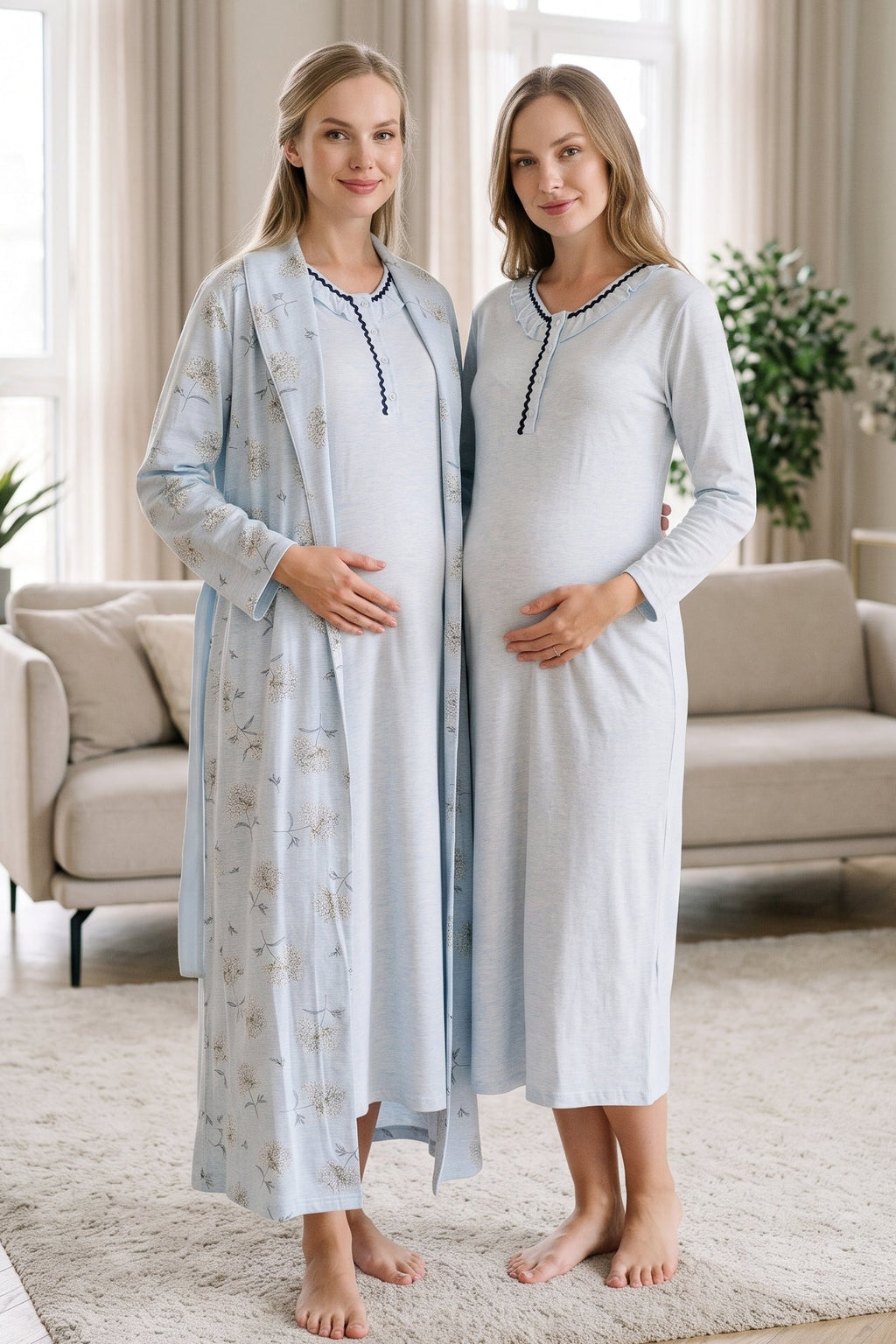 Pleated Collar 2-Piece Maternity Feeding-Friendly Nightgown & Flower Patterned Robe Set Blue - Z2341