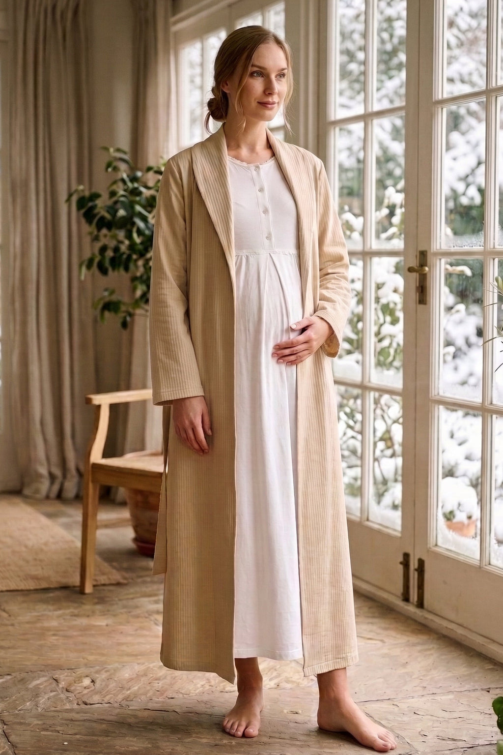 Lacy Edge 2-Piece Maternity Feeding-Friendly Nightgown & Ribbed Robe Set Mink - Z2342