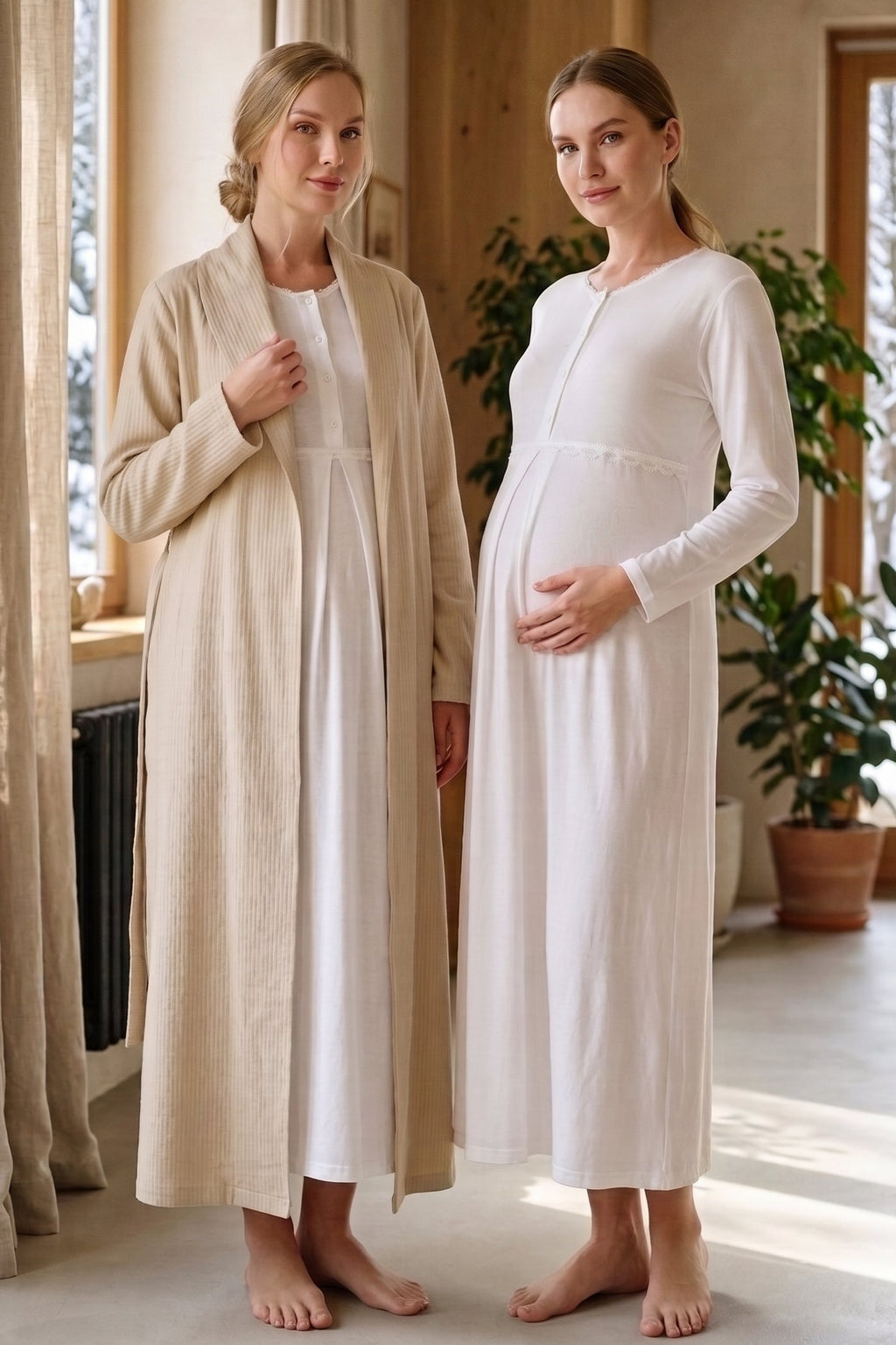 Lacy Edge 2-Piece Maternity Feeding-Friendly Nightgown & Ribbed Robe Set Mink - Z2342