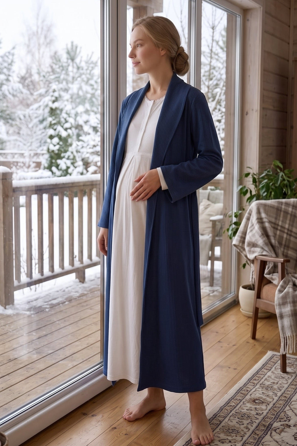Lacy Edge 2-Piece Maternity Feeding-Friendly Nightgown & Ribbed Robe Set Navy Blue - Z2342