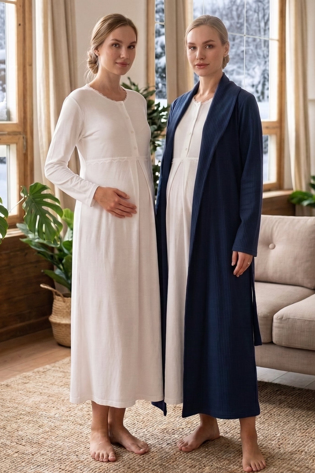Lacy Edge 2-Piece Maternity Feeding-Friendly Nightgown & Ribbed Robe Set Navy Blue - Z2342