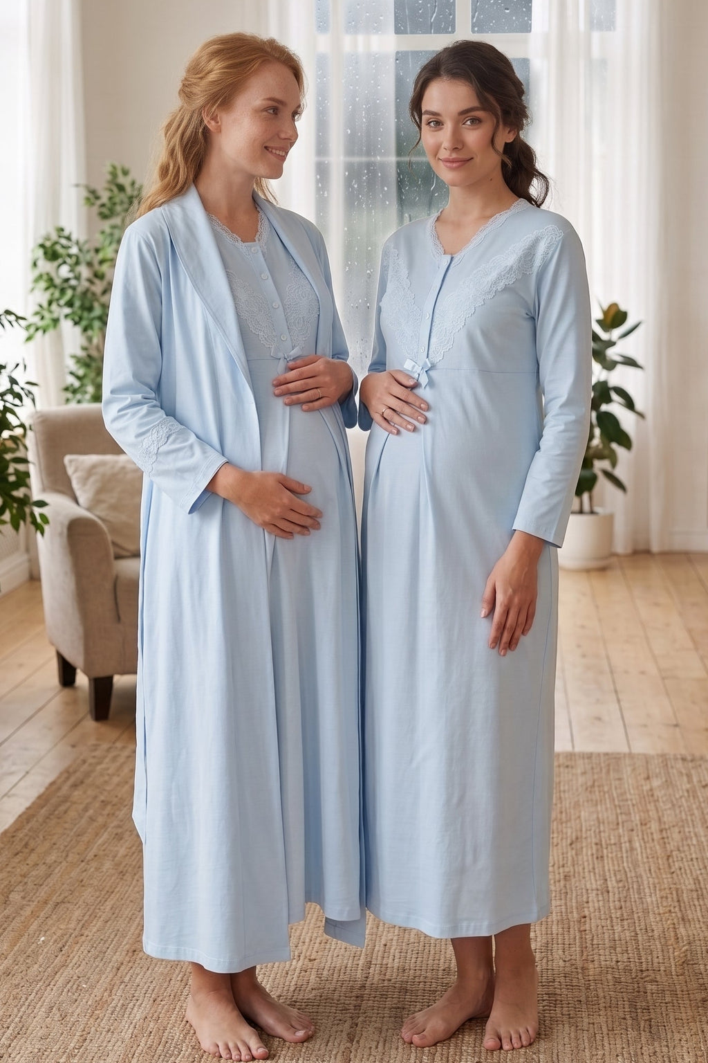 Lace Collar 2-Piece Maternity Feeding-Friendly Nightgown & Lace Sleeve Robe Set Blue - Z2346
