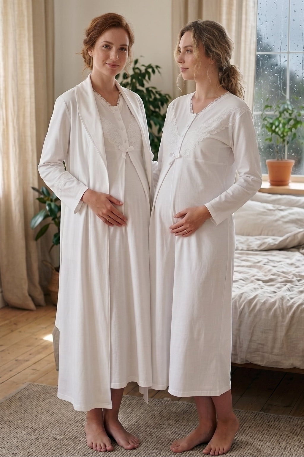 Lace Collar 2-Piece Maternity Feeding-Friendly Nightgown & Lace Sleeve Robe Set Ecru - Z2346