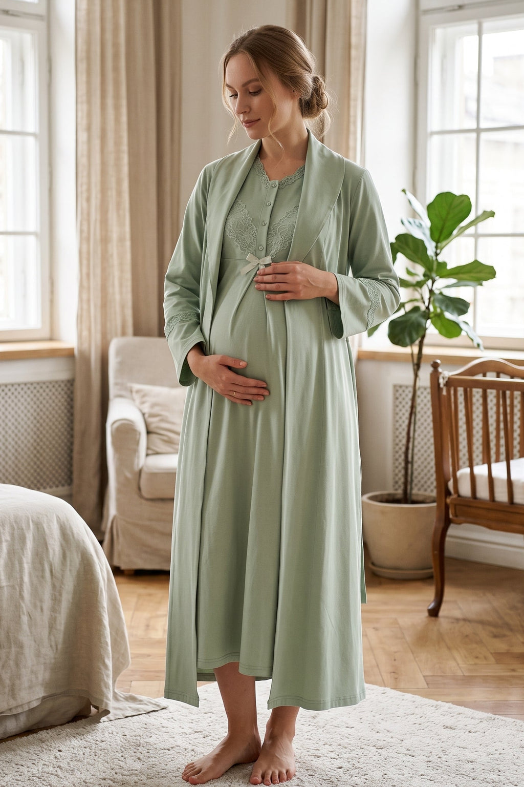 Lace Collar 2-Piece Maternity Feeding-Friendly Nightgown & Lace Sleeve Robe Set Green - Z2346