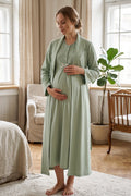 Lace Collar 2-Piece Maternity Feeding-Friendly Nightgown & Lace Sleeve Robe Set Green - Z2346