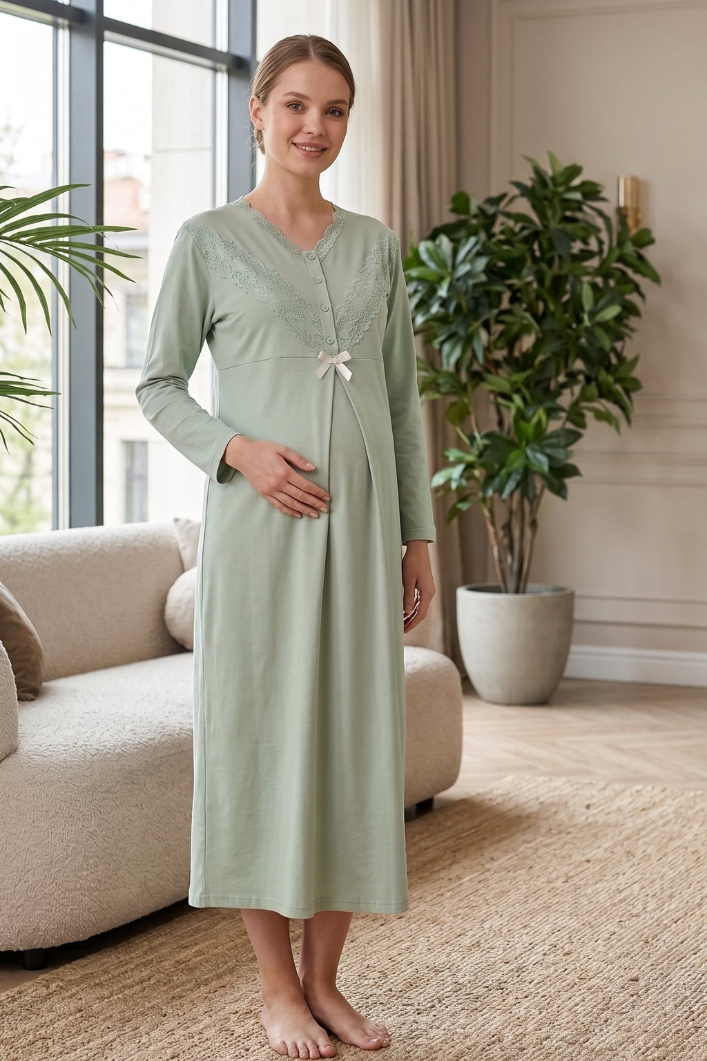 Lace Collar 2-Piece Maternity Feeding-Friendly Nightgown & Lace Sleeve Robe Set Green - Z2346