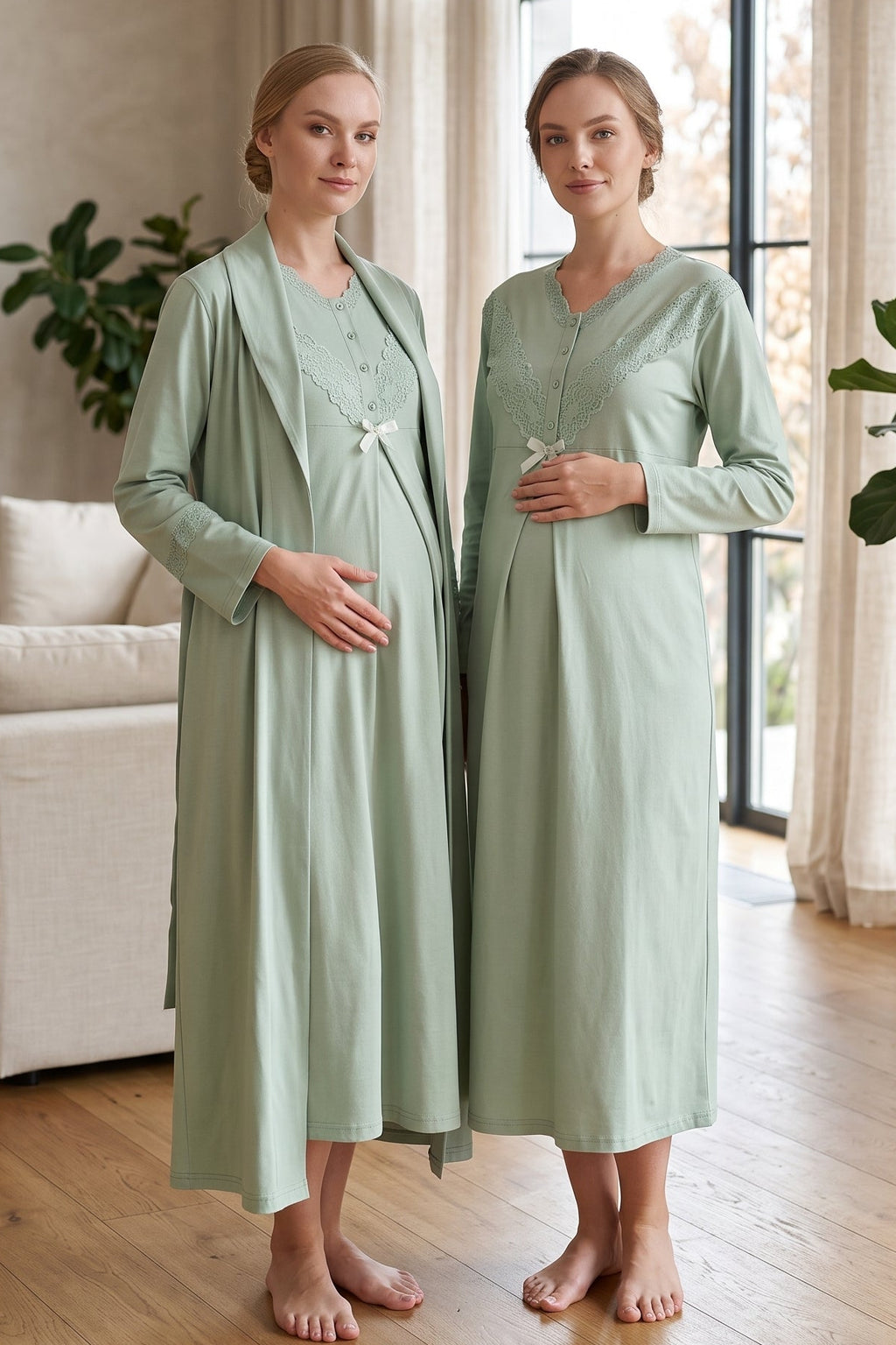 Lace Collar 2-Piece Maternity Feeding-Friendly Nightgown & Lace Sleeve Robe Set Green - Z2346