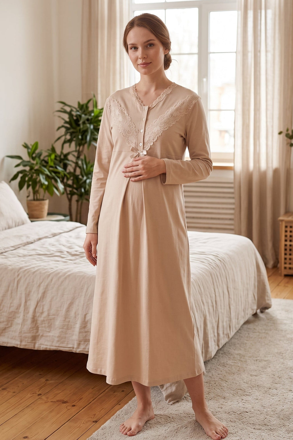 Lace Collar 2-Piece Maternity Feeding-Friendly Nightgown & Lace Sleeve Robe Set Mink - Z2346