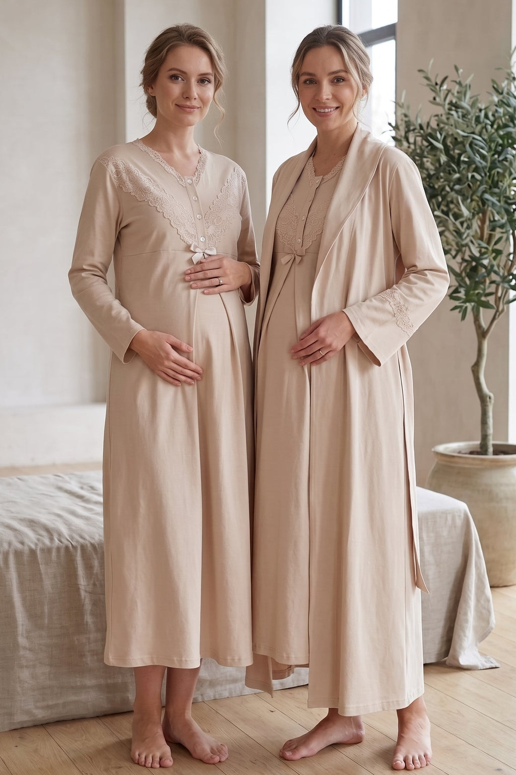 Lace Collar 2-Piece Maternity Feeding-Friendly Nightgown & Lace Sleeve Robe Set Mink - Z2346