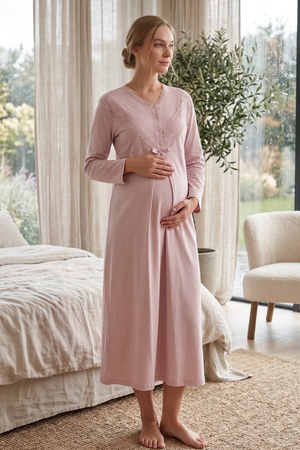 Lace Collar 2-Piece Maternity Feeding-Friendly Nightgown & Lace Sleeve Robe Set Powder - Z2346