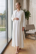 Lace Trim 2-Piece Maternity Feeding-Friendly Nightgown & Soft Robe Set Ecru - Z2347