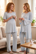 Double Breasted 3-Piece Maternity Feeding-Friendly Pajama & Flywheel Arm Robe Set Blue - L2364