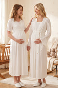 Double Breasted Maternity Feeding-Friendly Nightgown & Robe Set Ecru - L2396