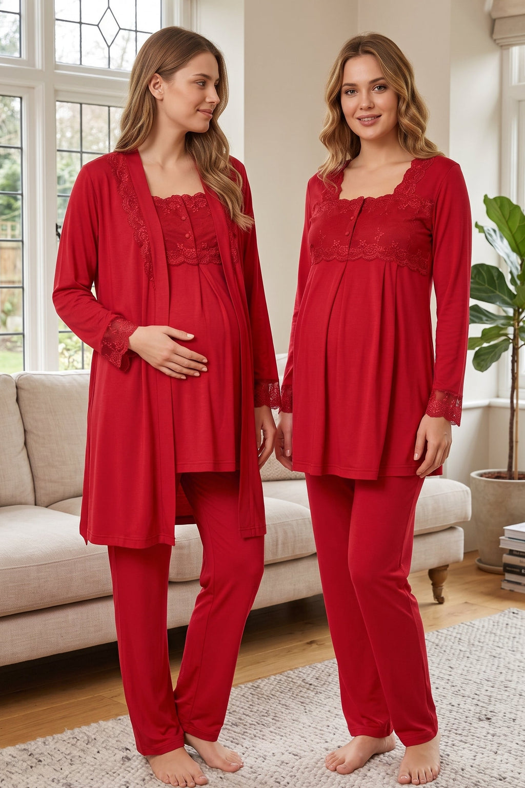 Lace Detailed 3-Piece Maternity Feeding-Friendly Pajama & Robe Set Cherry - T2401