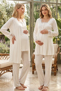 Lace Detailed 3-Piece Maternity Feeding-Friendly Pajama & Robe Set Ecru - T2401