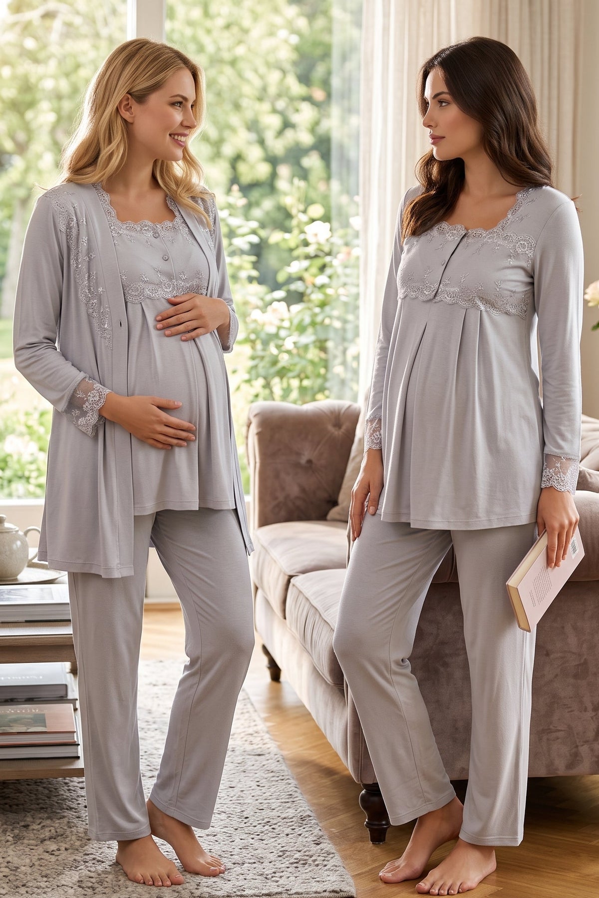 Lace Detailed 3-Piece Maternity Feeding-Friendly Pajama & Robe Set Grey - T2401