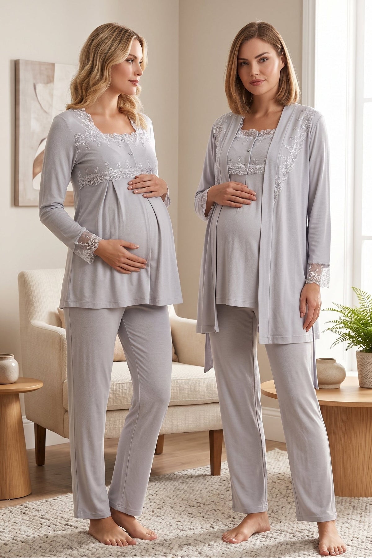 Lace Detailed 3-Piece Maternity Feeding-Friendly Pajama & Robe Set Grey - T2401