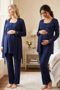 Lace Detailed 3-Piece Maternity Feeding-Friendly Pajama & Robe Set Navy Blue - T2401