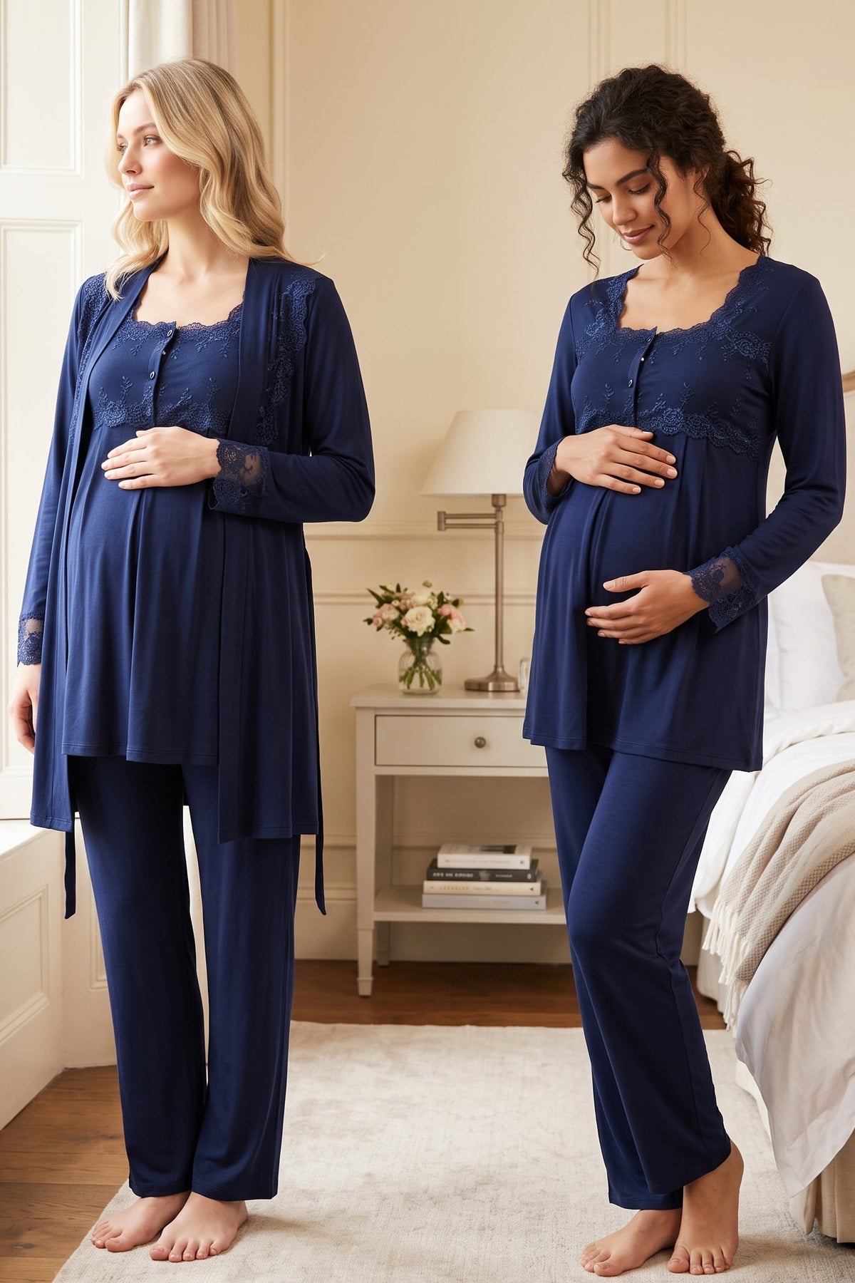 Lace Detailed 3-Piece Maternity Feeding-Friendly Pajama & Robe Set Navy Blue - T2401