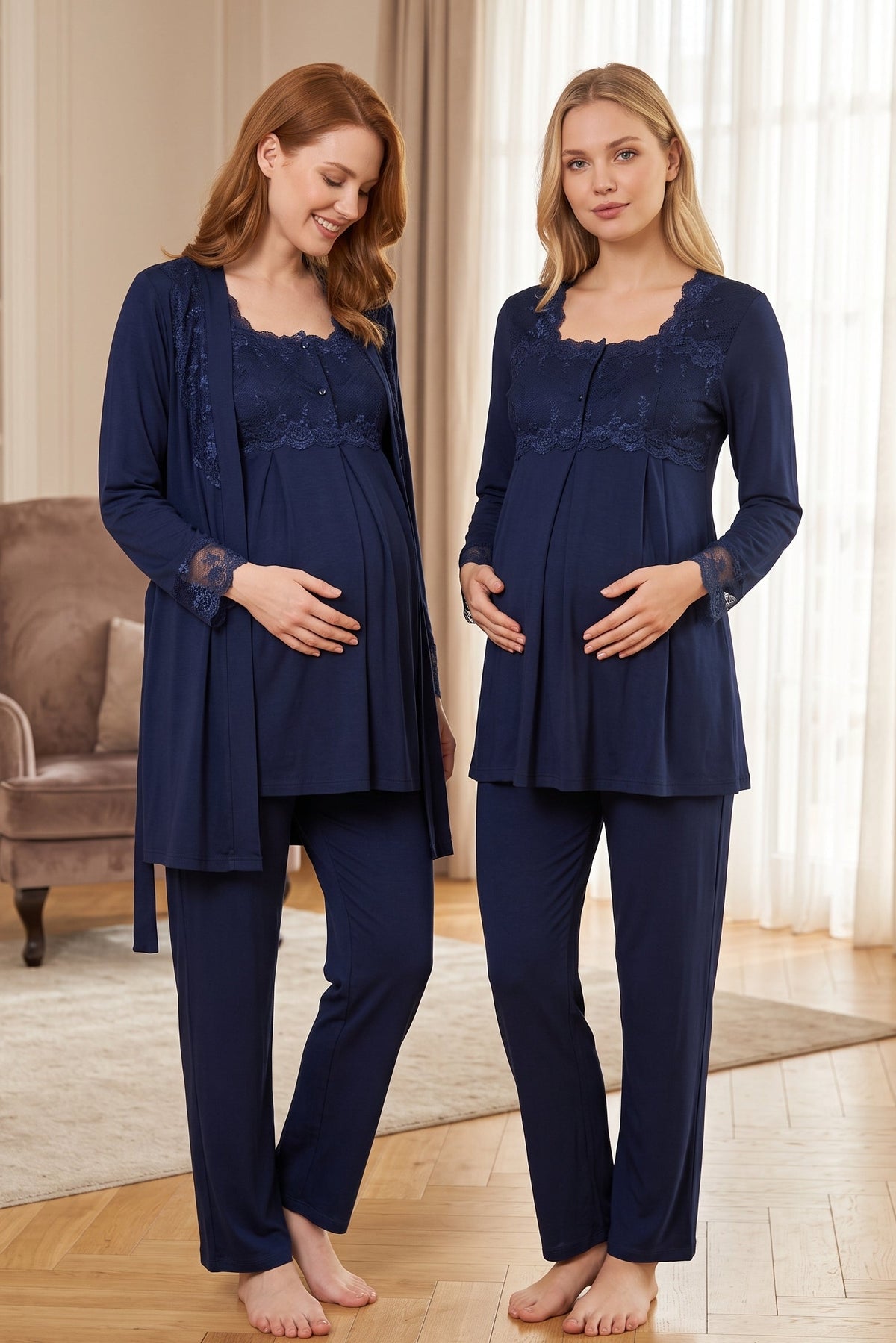 Lace Detailed 3-Piece Maternity Feeding-Friendly Pajama & Robe Set Navy Blue - T2401