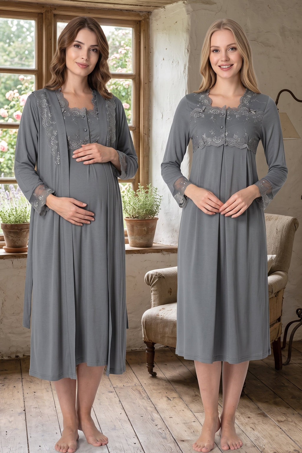 Lace Detailed Maternity Feeding-Friendly Nightgown & Robe Set Anthracite - T2402