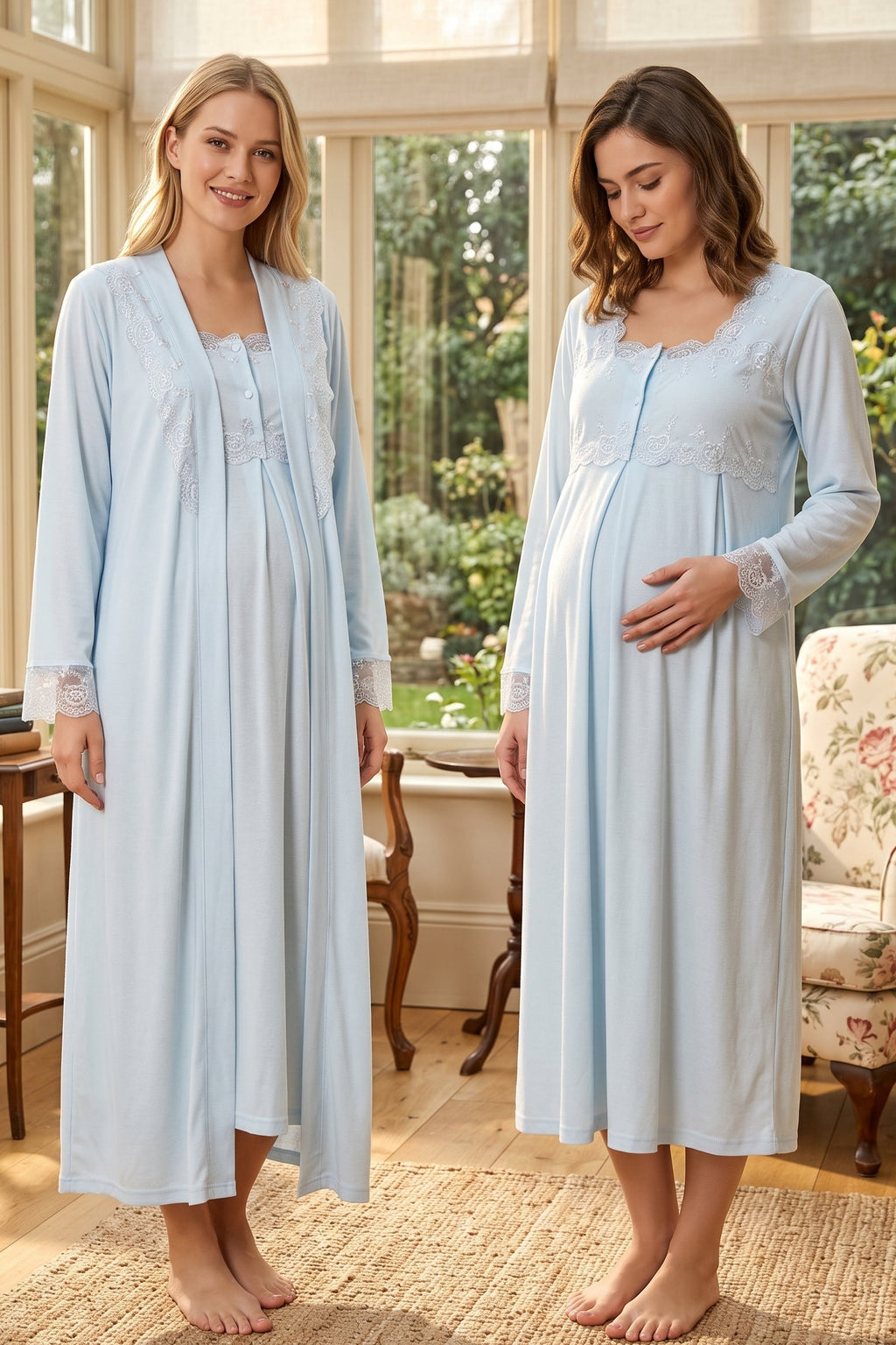 Lace Detailed Maternity Feeding-Friendly Nightgown & Robe Set Blue - T2402