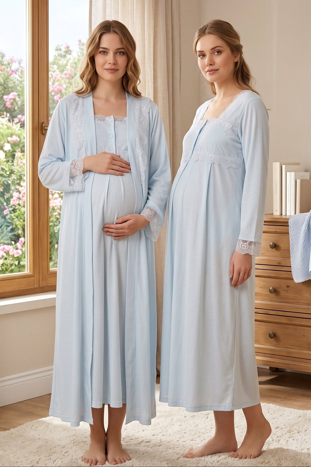 Lace Detailed Maternity Feeding-Friendly Nightgown & Robe Set Blue - T2402