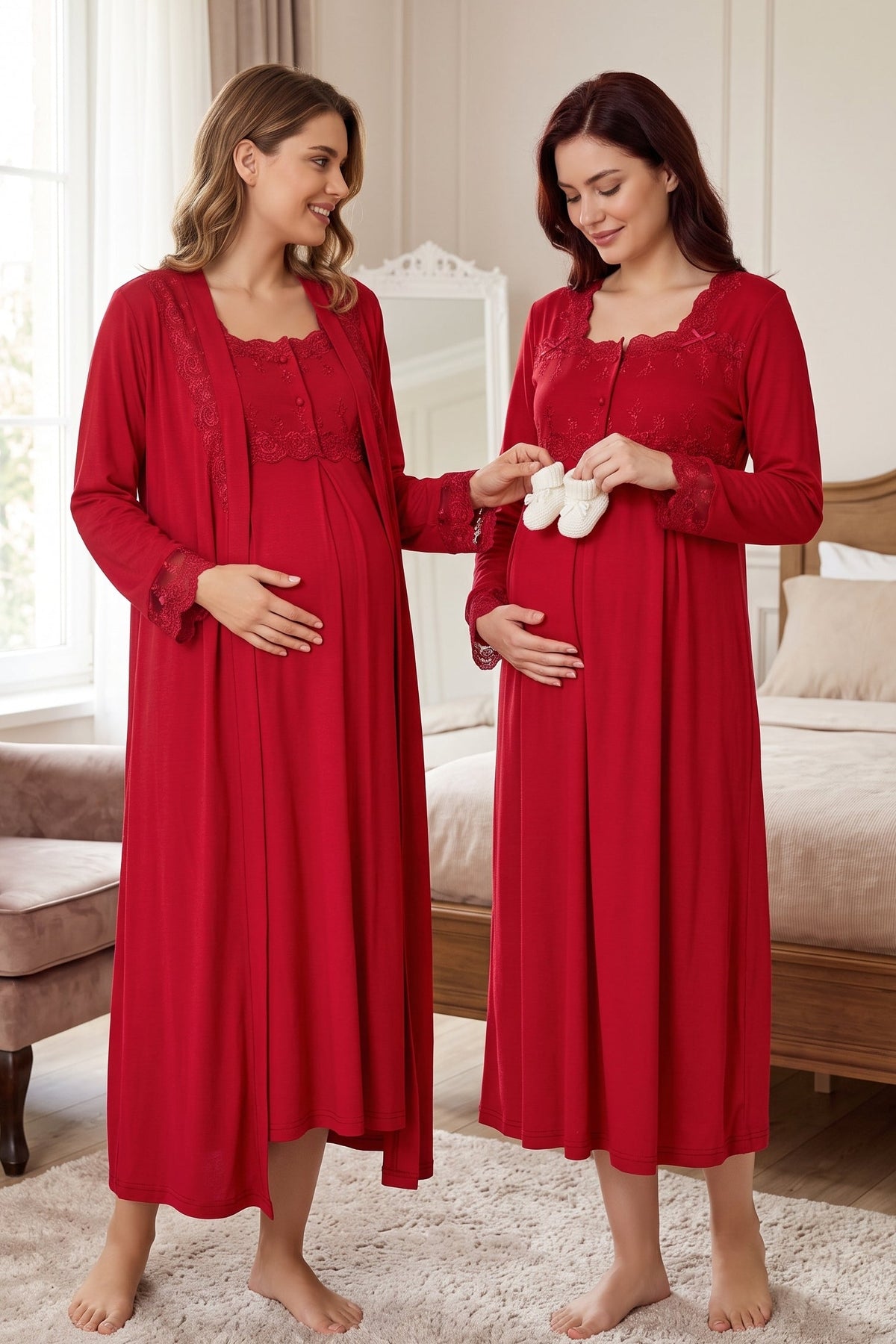 Lace Detailed Maternity Feeding-Friendly Nightgown & Robe Set Cherry - T2402